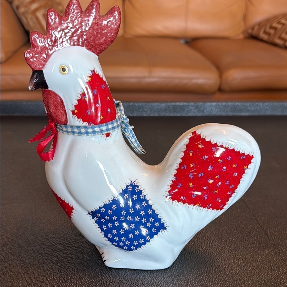 Patchwork Rooster Figurine - Red, Blue, and White Ceramic